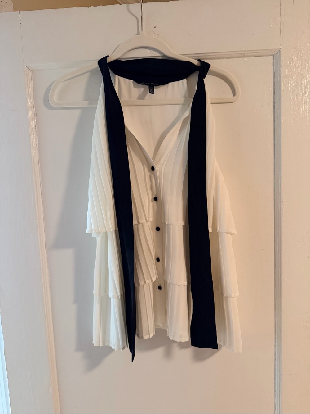 White House Black Market White Pleated Ruffle Blouse with Black Tie